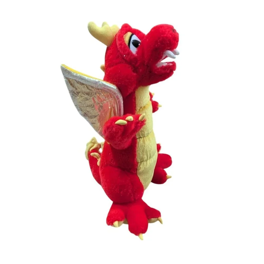 Vintage‎  Toy  Works Red Yellow Plush Dragon Toy Gold Wings 12  Stuffed Animal